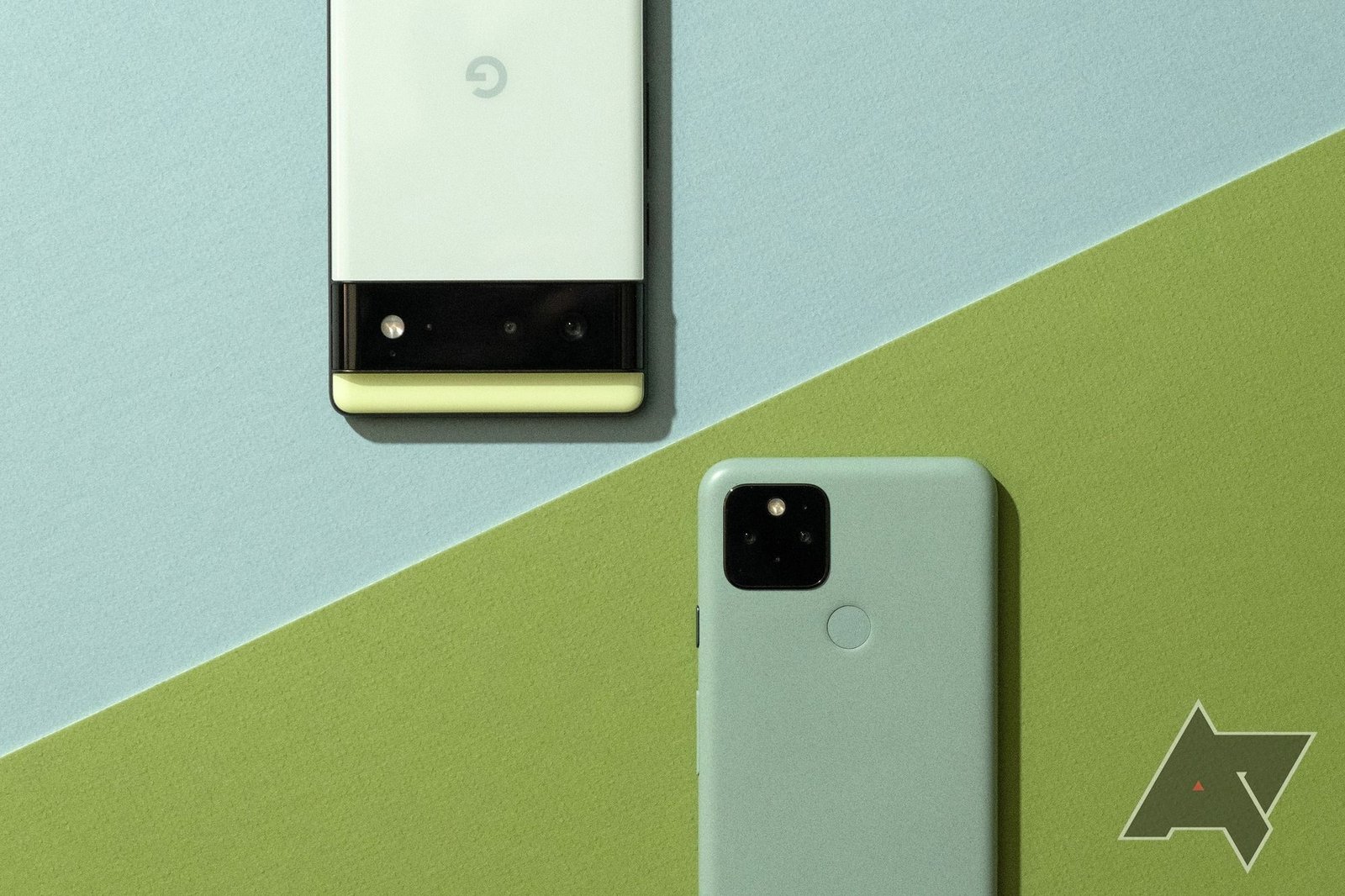     A green Pixel 6 and green Pixel 5 on a green background